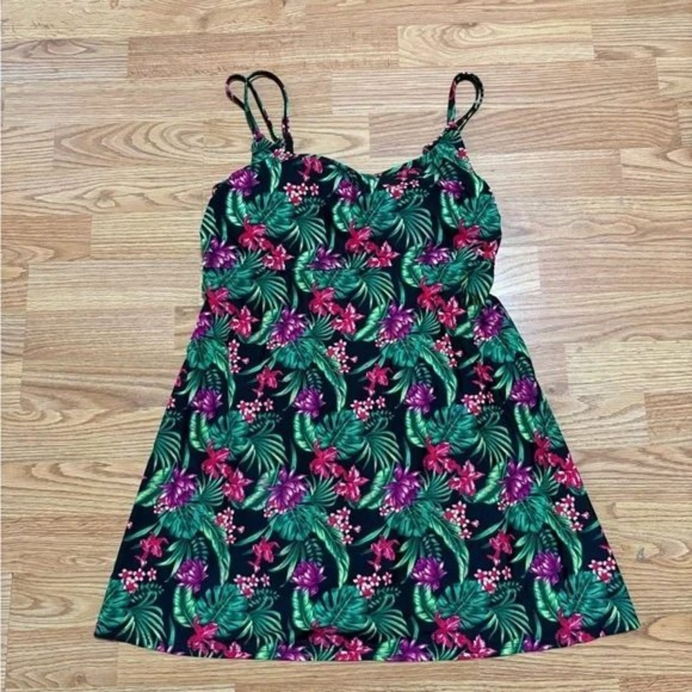 Dreamwave Womens Tropical Floral Swim‎ Dress Black Green Pink Size 10 RN19109